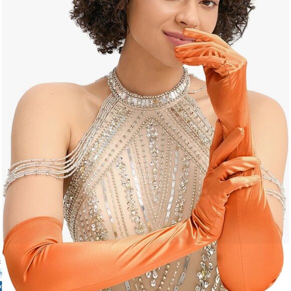 Long Satin Opera Orange Gloves - Picture 1 of 6